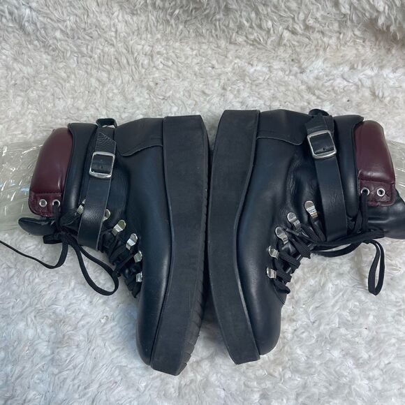 Steve Madden  Black Leather lace up wedge Boots brown trims side zipper … - Picture 5 of 14